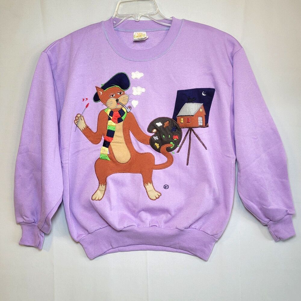 VNTG Cyn Les Shirlee Designs Sweatshirt Rare Painting Cat Applique Wmn's Large